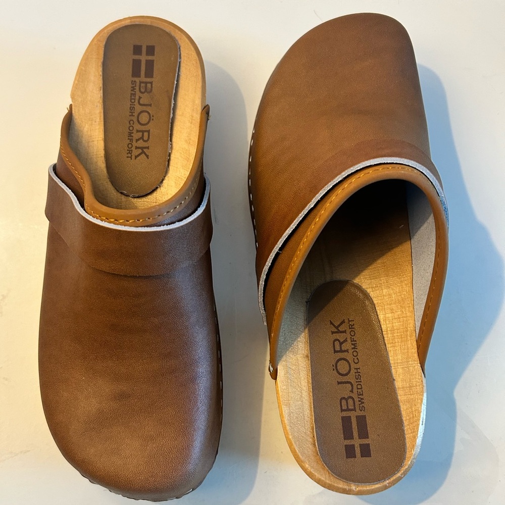 BJORK Maja Brown Leather Mule Clog with Wooden Sole Open Back Sz 39  8-8.5 - Picture 11 of 16